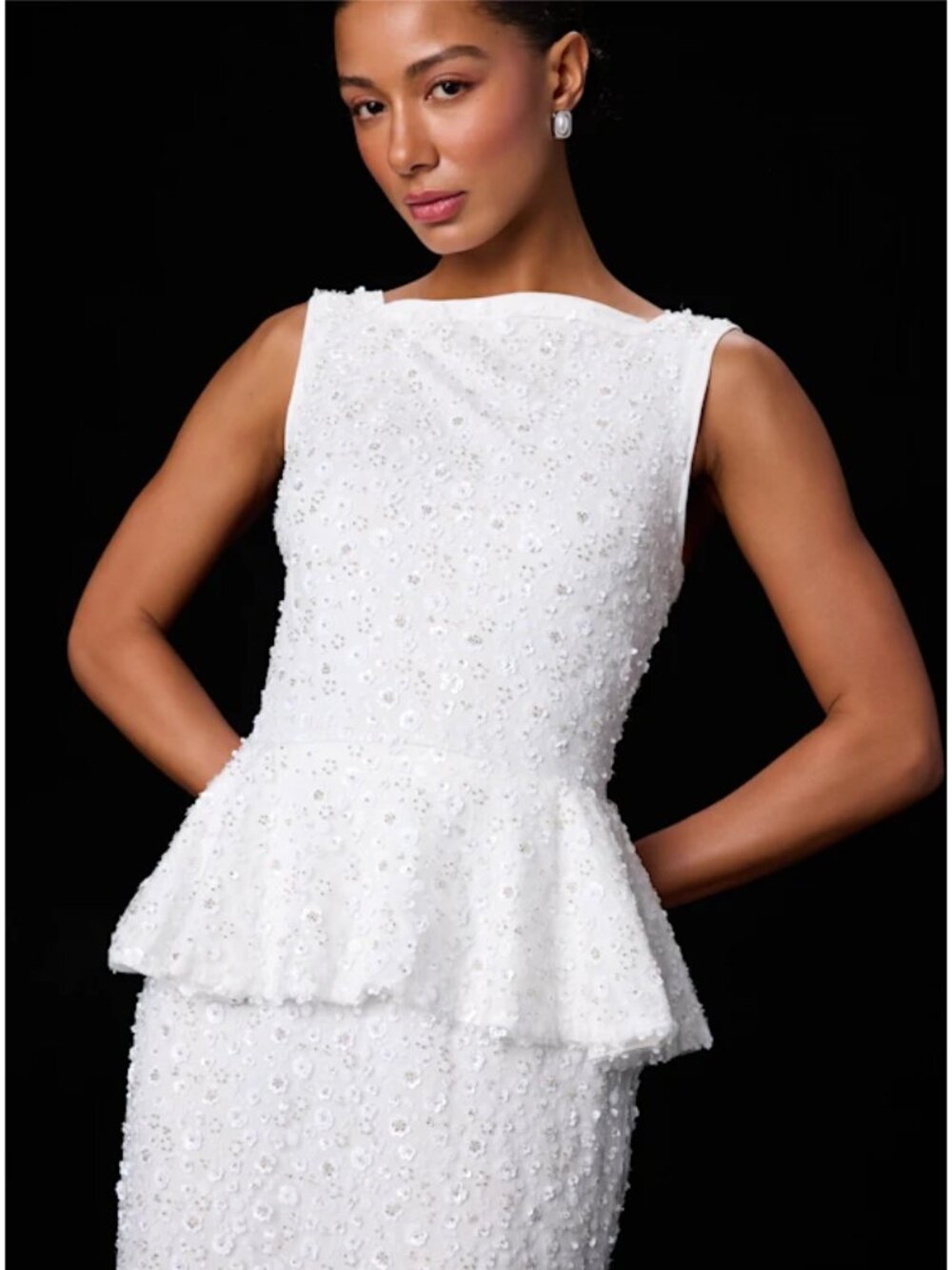 Nivina White Beaded Sequin Peplum Midi Dress